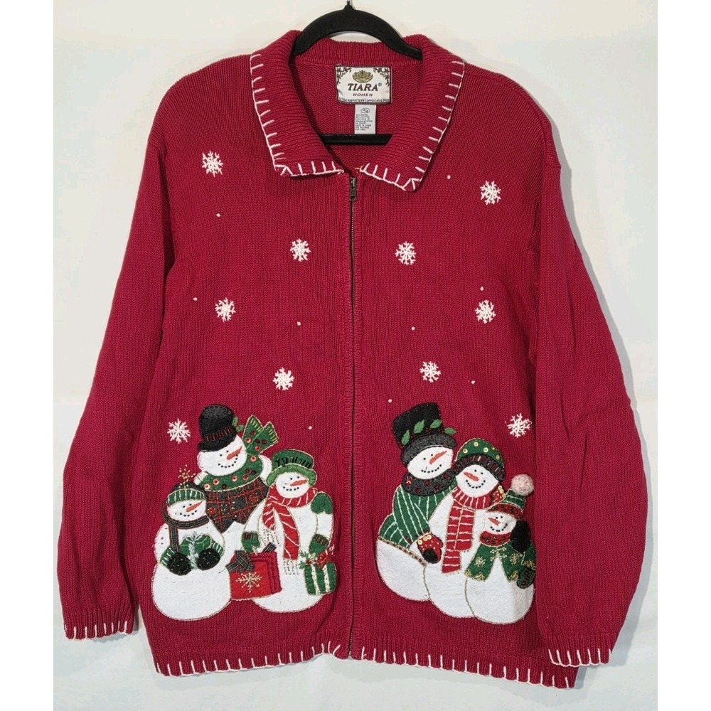2002 Tiara International Snowman Zip Cardigan Women‎ 14/16 Red Christmas Knit